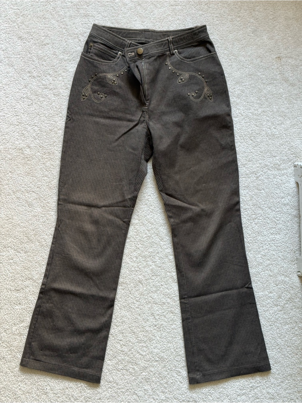 Embroidered Dark Brown Corduroy Flare Pants
